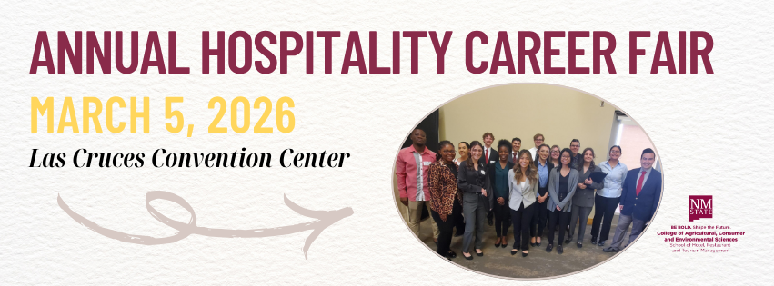 Annual Hospitality Career Fair March 5, 2026 Las Cruces Convention Center (students dressed in professional attire, HRTM at NMSU logo)